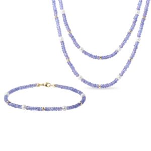 Souprava tanzanitových šperků s perlami ve zlatě KLENOTA