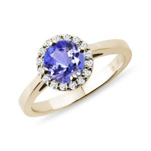 Zlatý halo prsten s tanzanitem a diamanty KLENOTA
