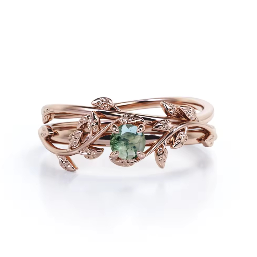 11109 Stříbrný set prstenů SELF LOVE rose s mechovým achátem Velikost prstenu: 13 (EU: 71)